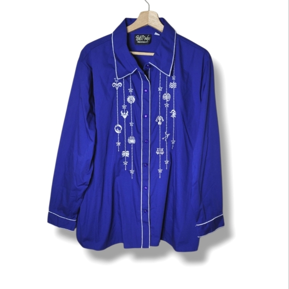 Bob Mackie Zodiac Embroidered Shirt 2X Royal Blue Silver Thread Celestial - Picture 1 of 6